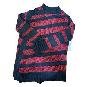 Bongo Womens XL Striped Cardigan Sweater Red & Navy Knit Open Front With Pockets